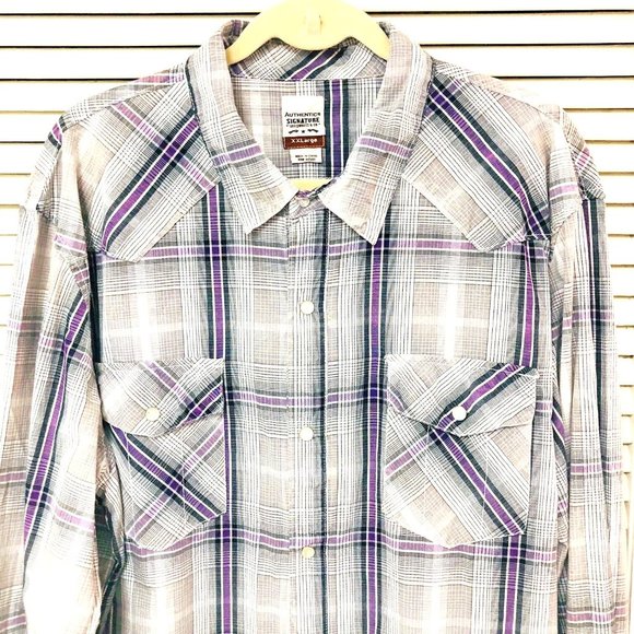 Levi Strauss Western Shirt Men's XXL Purple Plaid Pearl Snaps Dad Grandpa - Picture 2 of 6